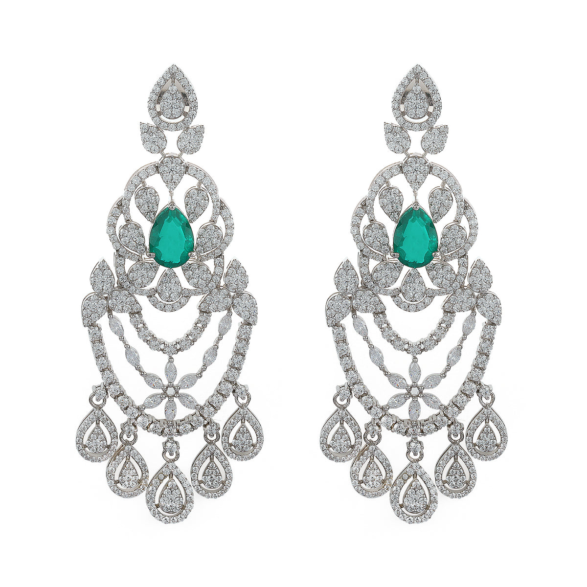 Silver Legendary Green Emerald Drop and Zircons Chandelier Earrings