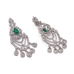 Silver Legendary Green Emerald Drop and Zircons Chandelier Earrings