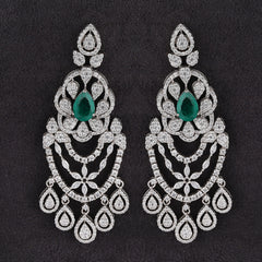 Silver Legendary Green Emerald Drop and Zircons Chandelier Earrings