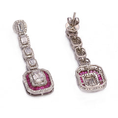 Silver Emerald Cut Zircons with   Ruby Baguettes Dangle Earrings