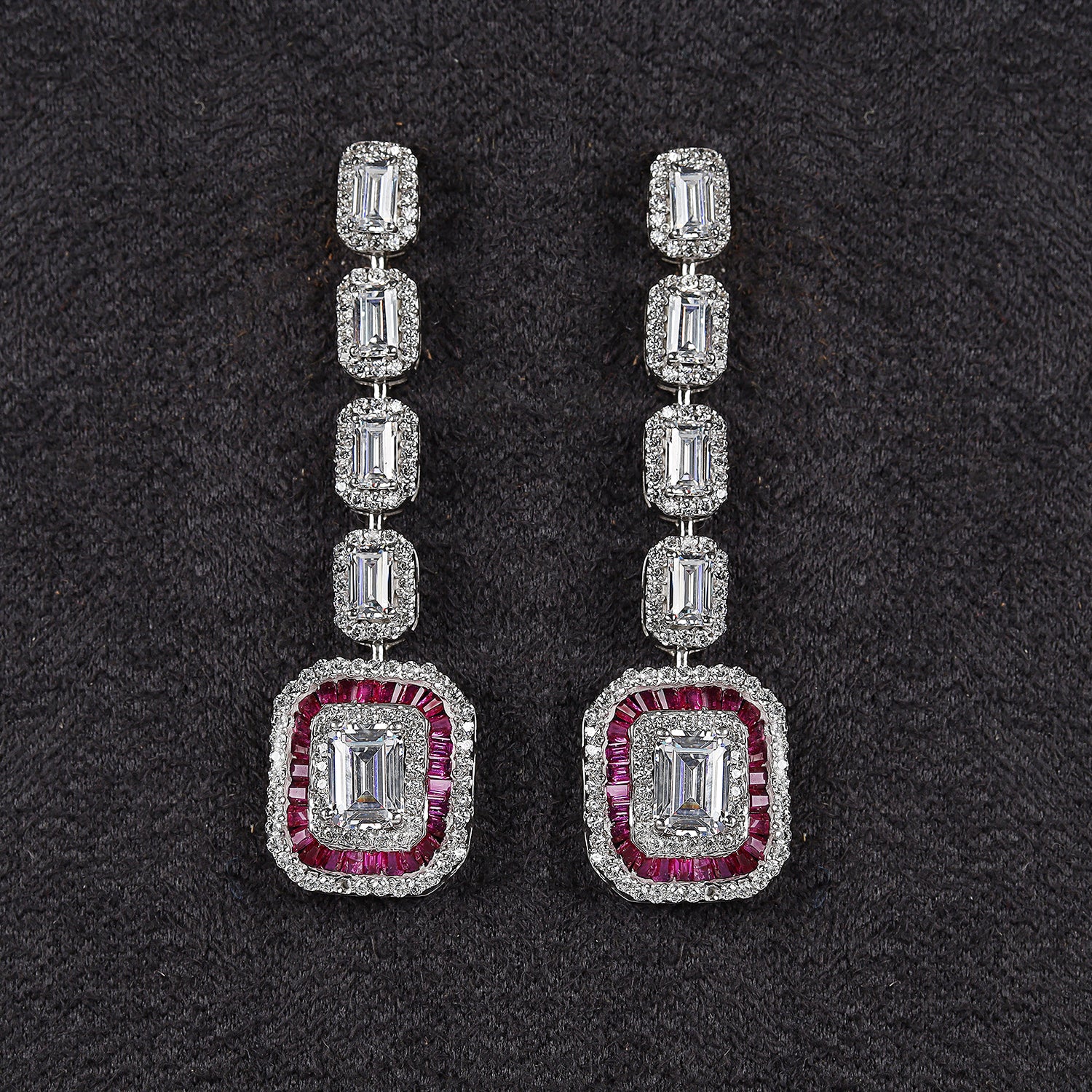 Silver Emerald Cut Zircons with   Ruby Baguettes Dangle Earrings