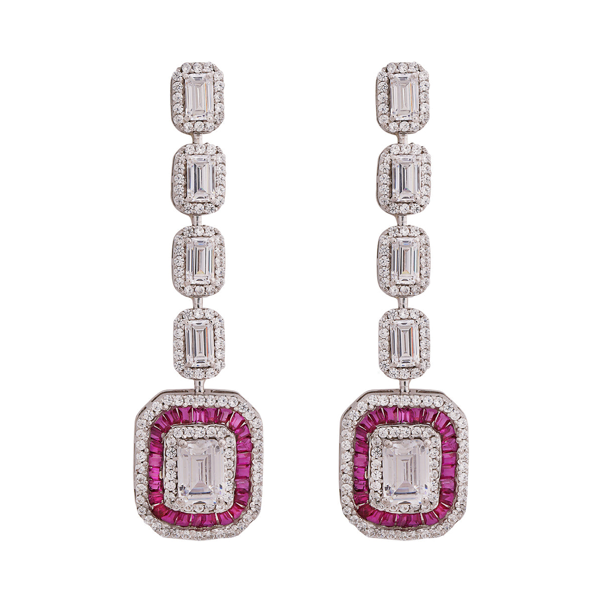 Silver Emerald Cut Zircons with   Ruby Baguettes Dangle Earrings