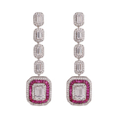 Silver Emerald Cut Zircons with   Ruby Baguettes Dangle Earrings