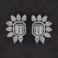 Silver Emerald Cut Crecent Shaped Zircon Earrings