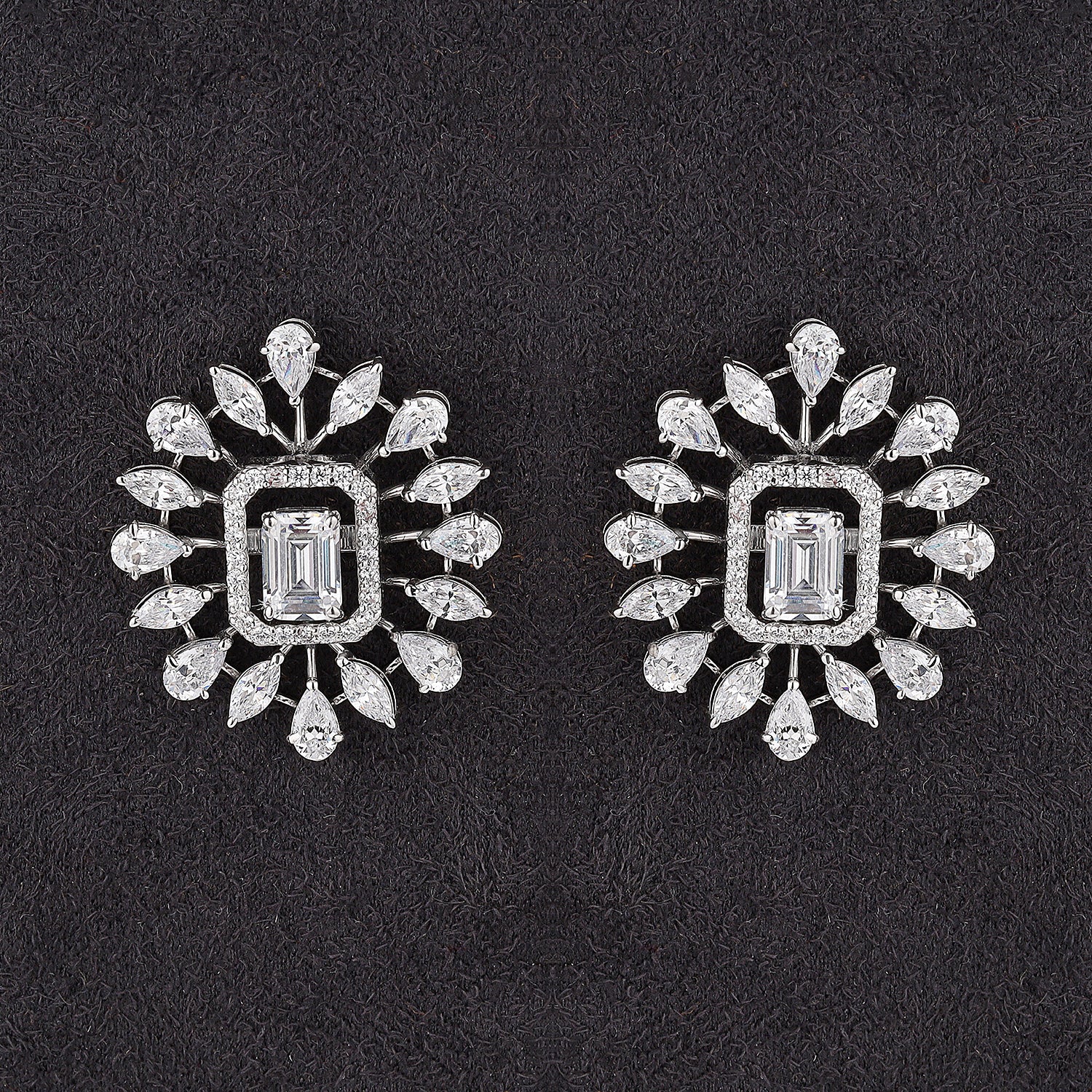 Silver Sunshine with Emerald Cut Zircons Studs Earrings