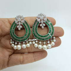 Silver Royal Chandbali with Green Baguettes and Pearls Earrings