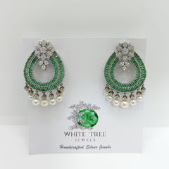 Silver Royal Chandbali with Green Baguettes and Pearls Earrings