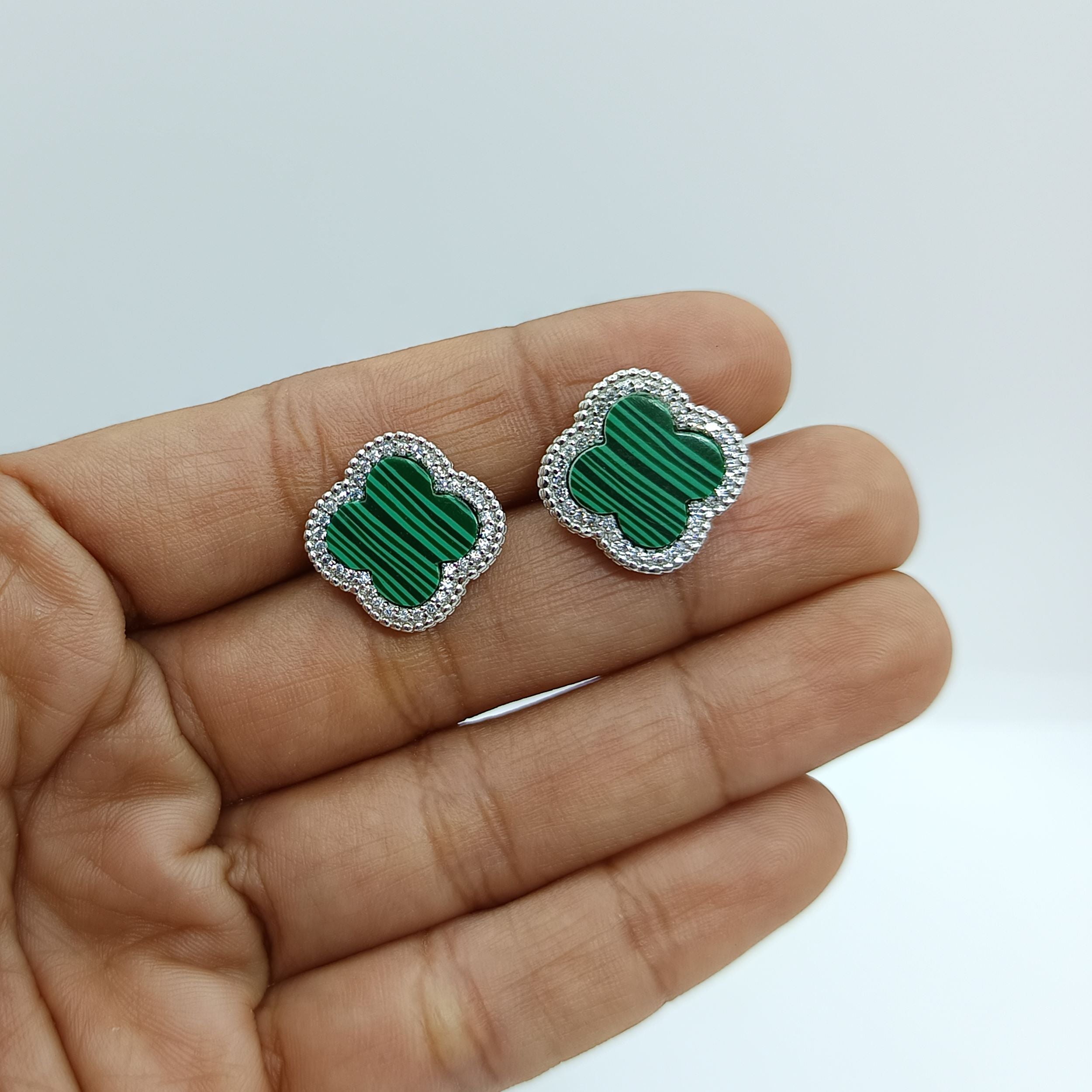 Silver Clover Malachite with Zircons Studs Earrings