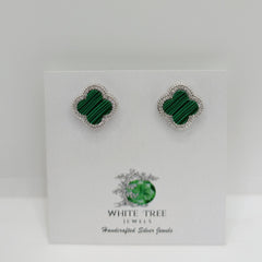 Silver Clover Malachite with Zircons Studs Earrings