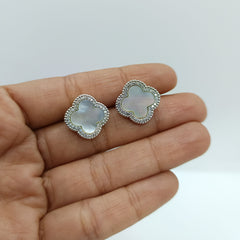 Silver Clover Shape Mother of Pearl with Zircons Earrings