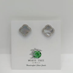 Silver Clover Shape Mother of Pearl with Zircons Earrings