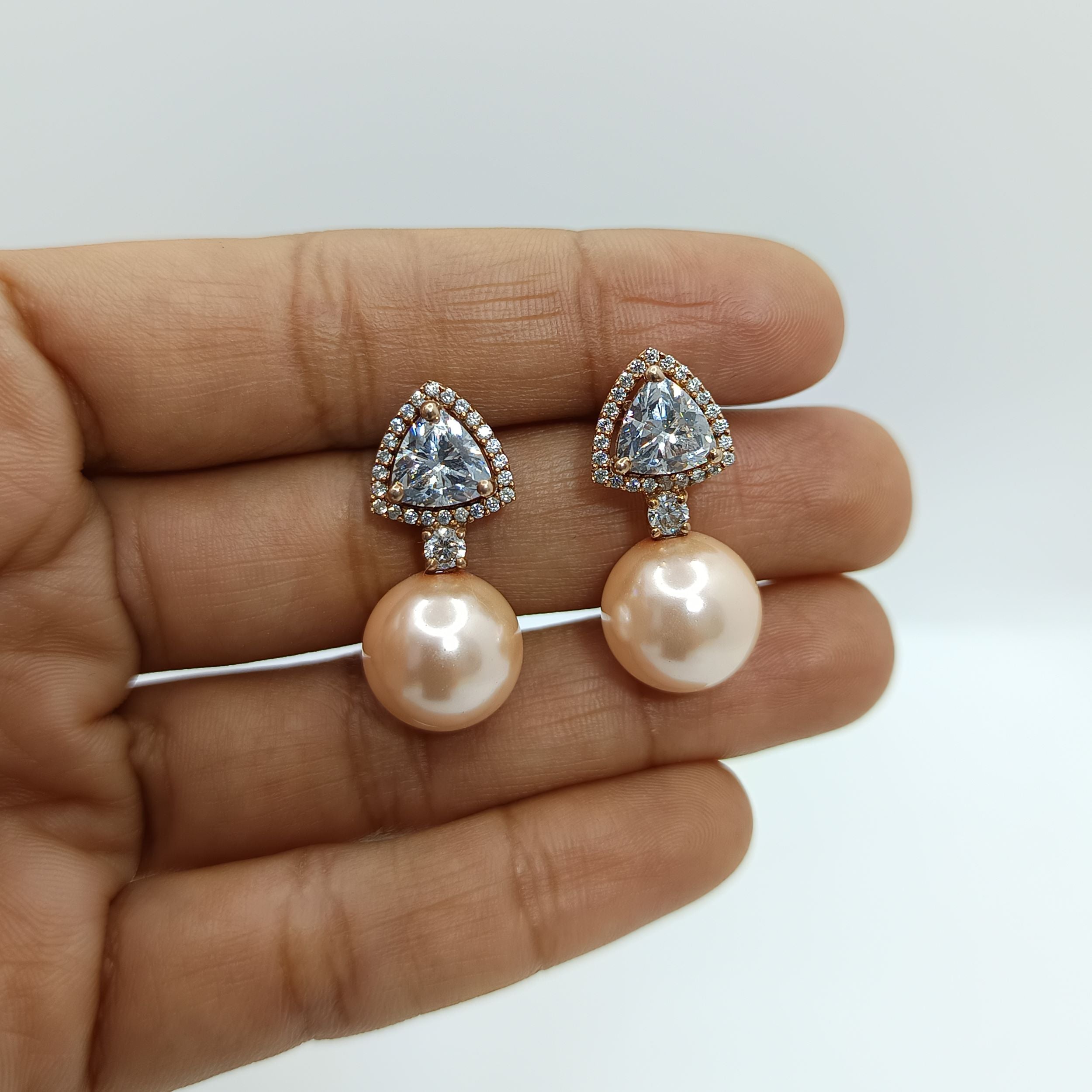 Silver Delicate Trillion Solitaire with Zircons and Pearl Earrings