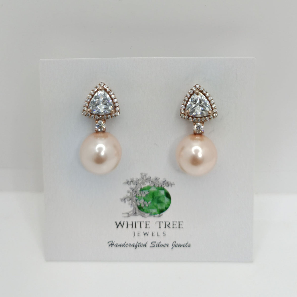 Silver Delicate Trillion Solitaire with Zircons and Pearl Earrings