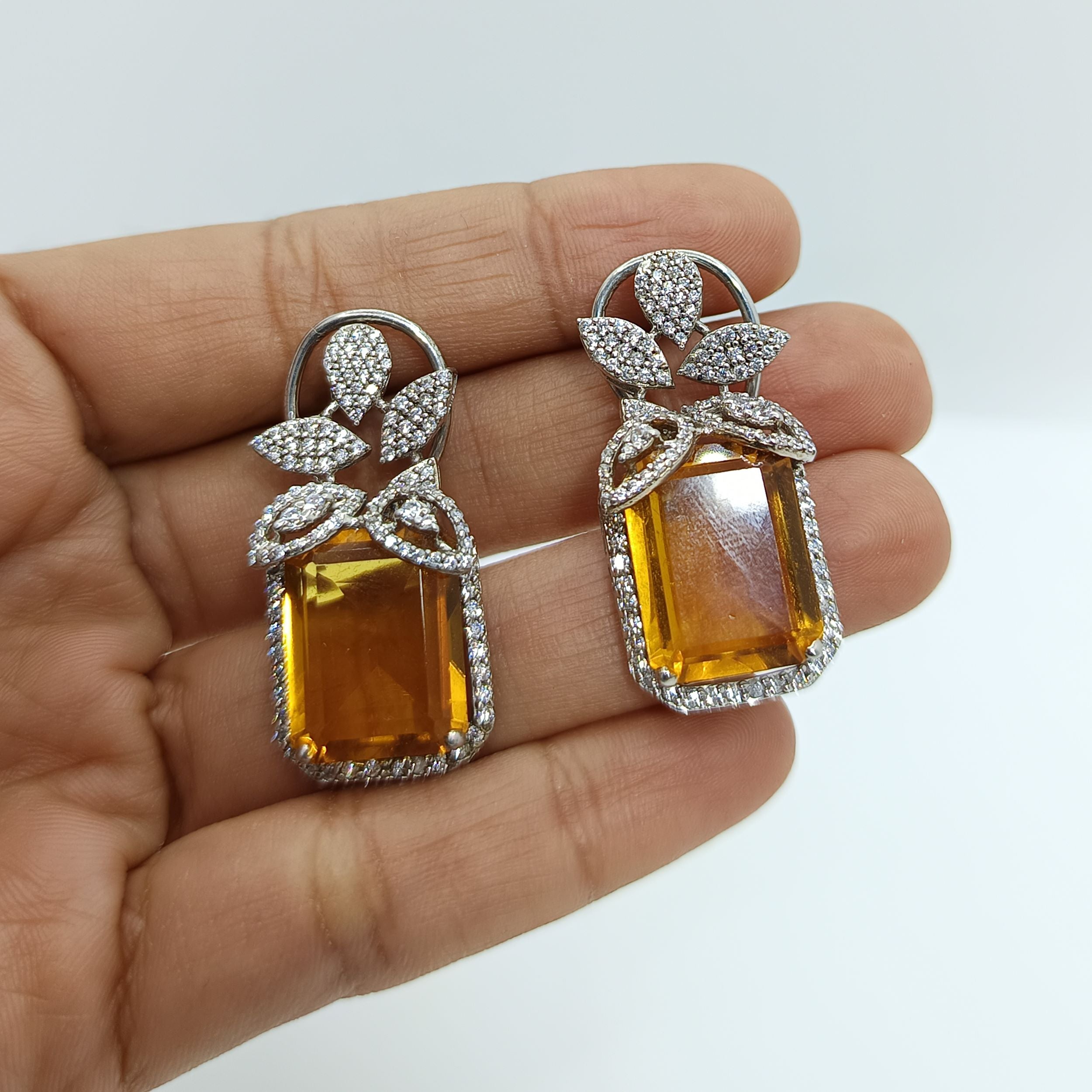 Silver Citrine Octagon with Cluster Leaves Zircons Dangle Earrings