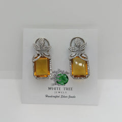 Silver Citrine Octagon with Cluster Leaves Zircons Dangle Earrings