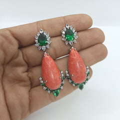 Silver Dazzling Emerald and Coral Gemstone with Zircons Dangle Earrings