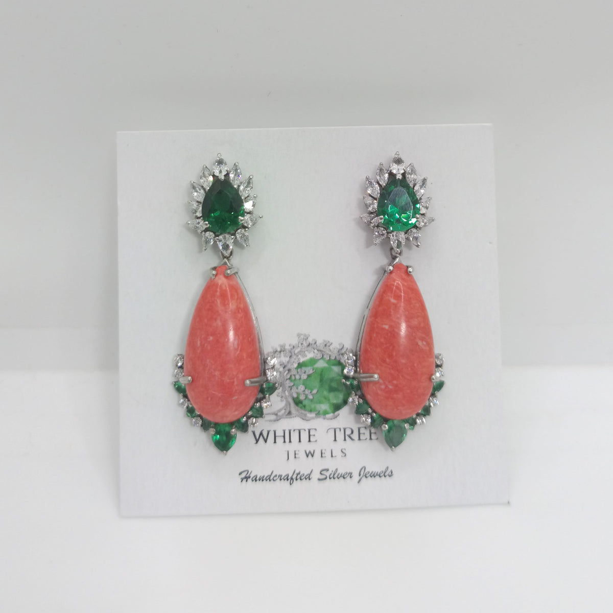 Silver Dazzling Emerald and Coral Gemstone with Zircons Dangle Earrings