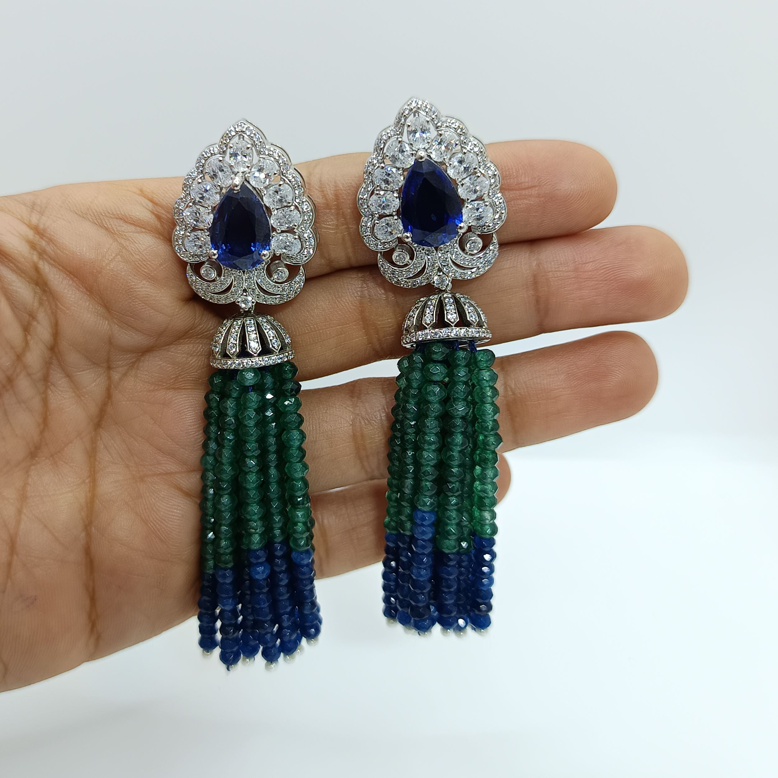 Silver Enticing Blue Sapphire with Zircons and Green and Blue Tassel Earrings