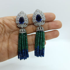 Silver Enticing Blue Sapphire with Zircons and Green and Blue Tassel Earrings