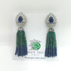 Silver Enticing Blue Sapphire with Zircons and Green and Blue Tassel Earrings