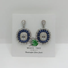 Silver Sparkling Pear and Emerald Zircons with Blue Sapphire Baguettes Earrings