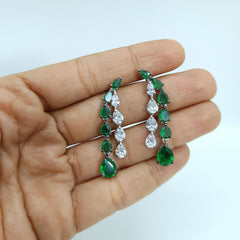 Silver Pear Green Emerald and Diamond Danglers