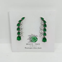 Silver Pear Green Emerald and Diamond Danglers