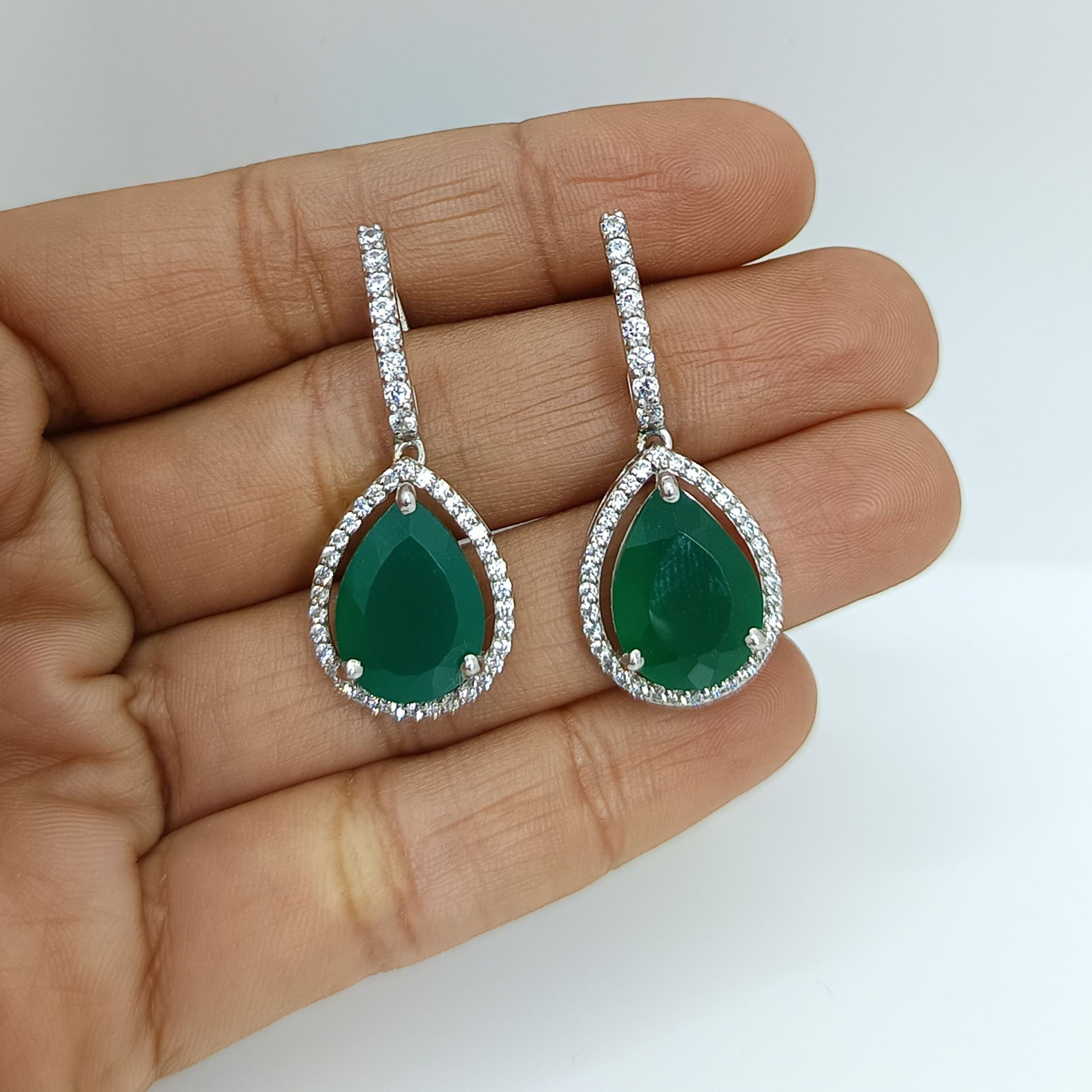 Silver Drop with Green Emerald Earrings