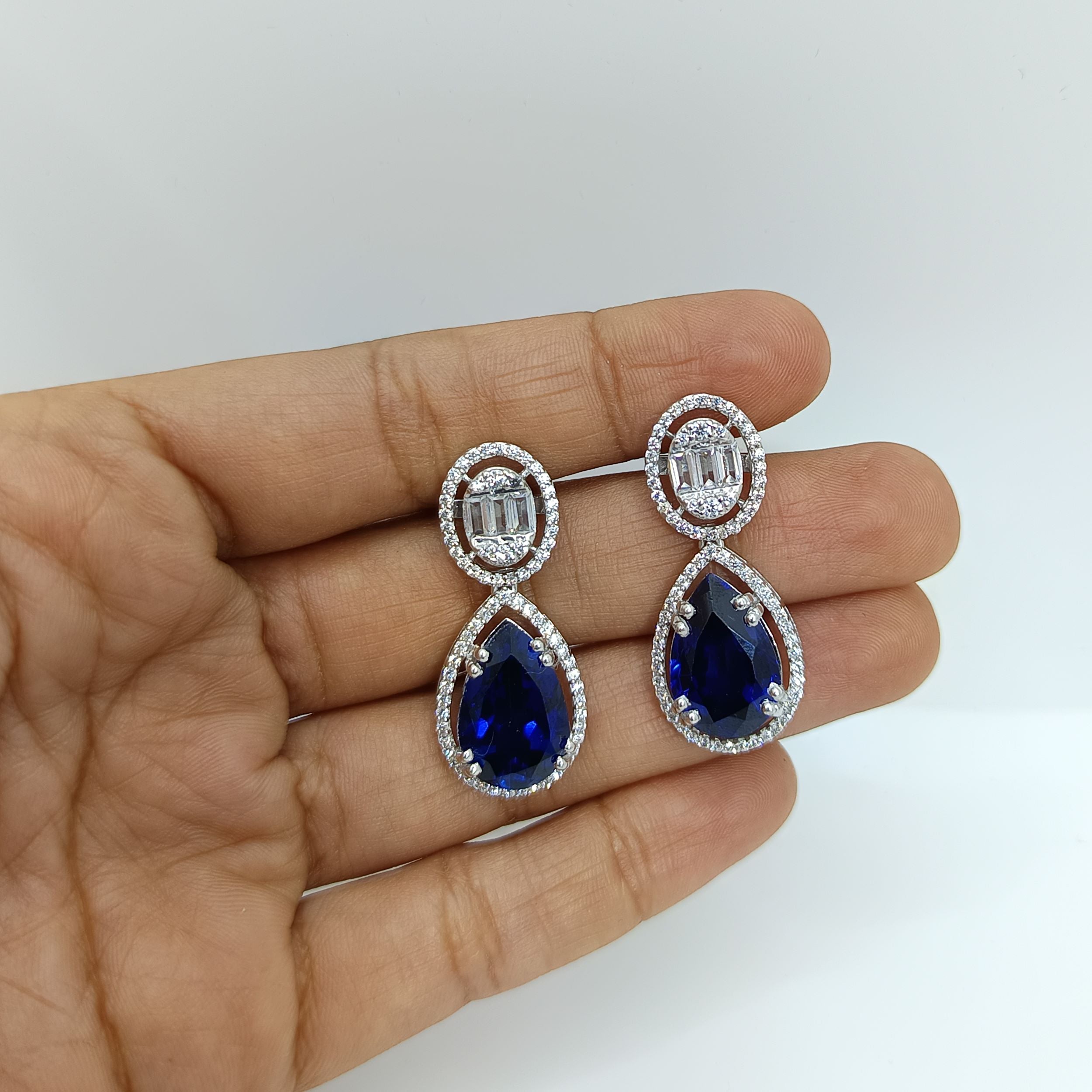 Silver Oval with Blue Sapphire Earrings