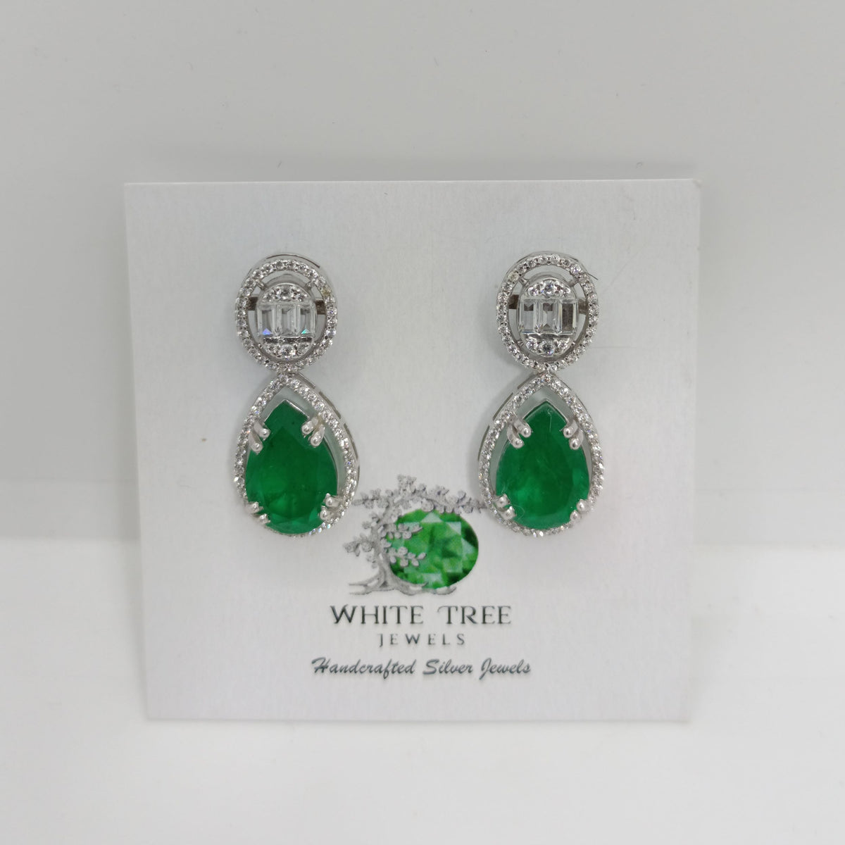 Silver Oval with Green Emerald Earrings