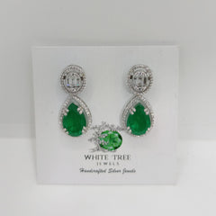 Silver Oval with Green Emerald Earrings