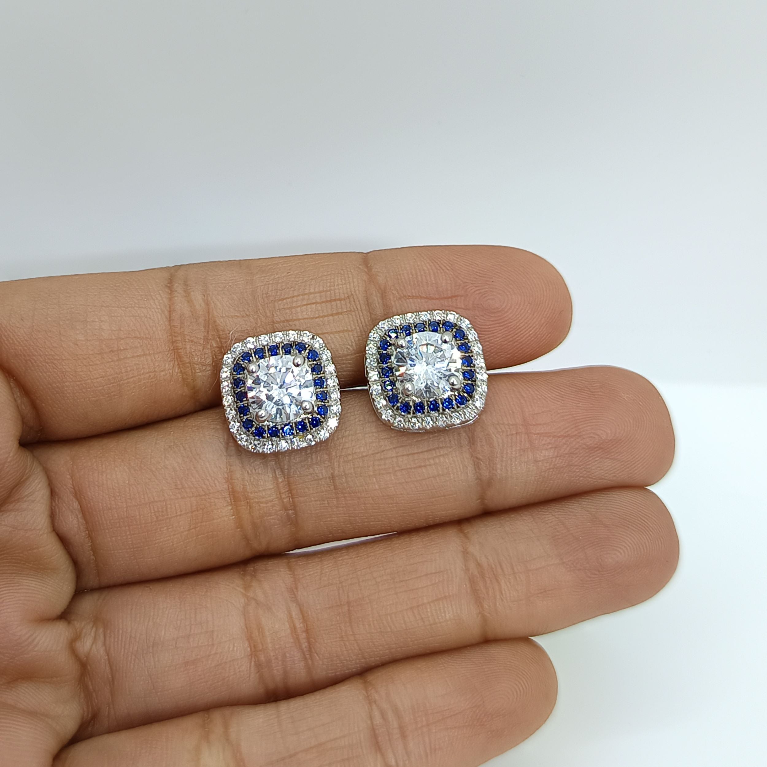 Silver Shining Cushion Zircons Studs with Blue Sapphire Earrings