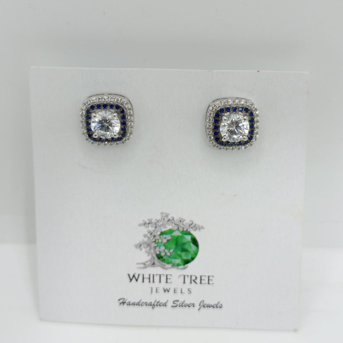 Silver Shining Cushion Zircons Studs with Blue Sapphire Earrings