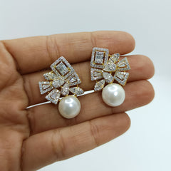 Silver Baguette with Zircons and Pearl Earrings