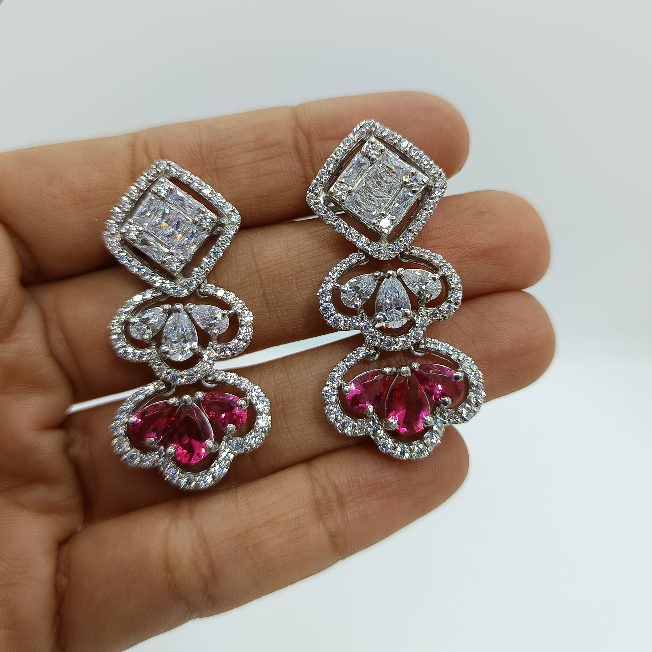 Silver Pink Sapphire with Zircons Earrings