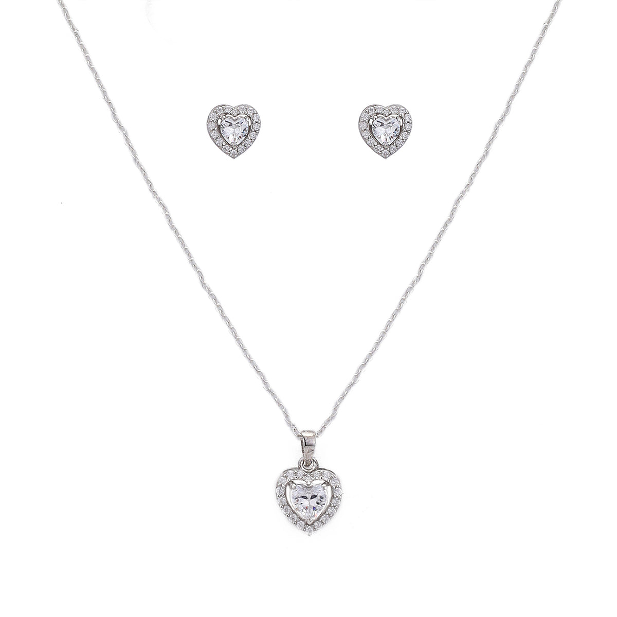 WTJ Philip 925 Silver Heart Diamond Pendant Set