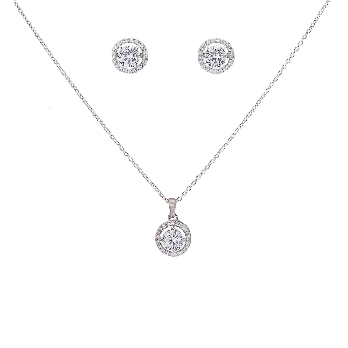 WTJ Quincy 925 Silver Round Solitaire Diamond Pendant Set